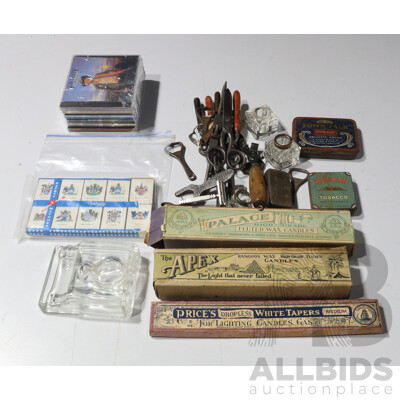 Collection Antique & Vintage Items Including Household Ephemera, Glass Inkwells, Thee Boxes Candles, Collectable Matchboxes, Tins, Six Slim Dusty Cds and More