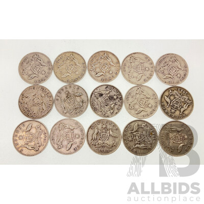 Fifteen Australian 1943, 1943D, 1943S Silver Sixpence .925