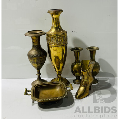 collection of vintage brassware including amphora style vases and more