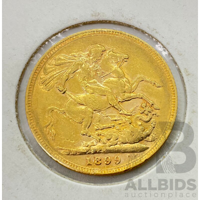 Australian 1899 Gold Sovereign, Queen Victoria, Melbourne Mint .917