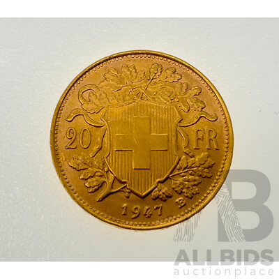 Switzerland 1947 Gold Twenty Francs Coin, Bern Mint