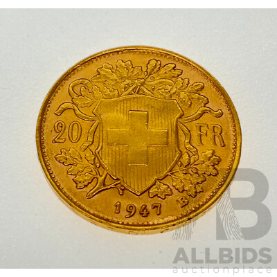 Switzerland 1947 Gold Twenty Francs Coin, Bern Mint .900