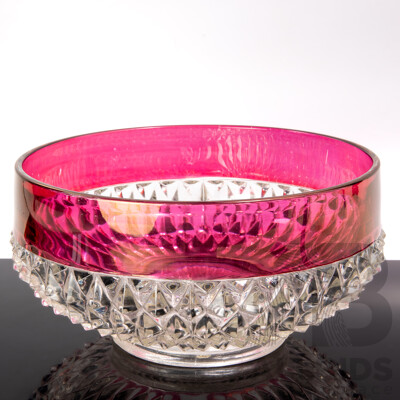 Large Vintage Continental Ruby Flashed Pressed Glass Serving Bowl