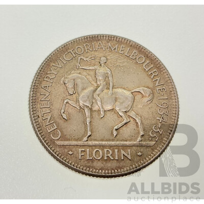 Rare Australian 1934-35 Silver KGV Florin, Commemorative Victoria Centenary .925