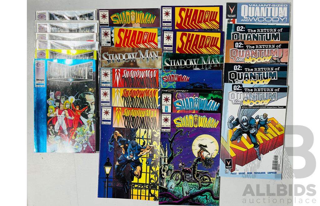 Large Collection of Single Issue Valiant Titles Including Shadowman, Deathmate and the Return of Quantum and Woody