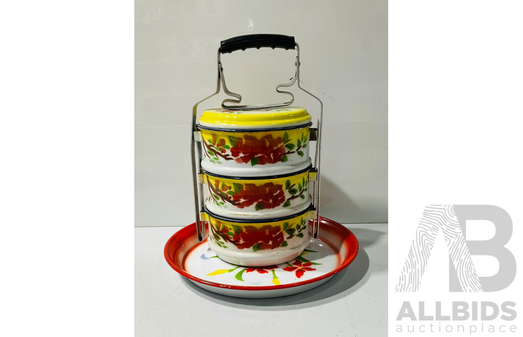 Vintage Indian Three Stack Tiffin Tin and Under Tray with Hand Painted Detail