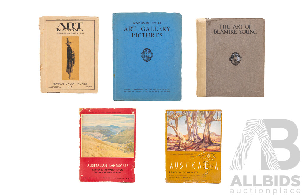 Amazing Lot of Five Antique & Vintage Australian Art-Related Books Including Art in Australia Quarterly Edition From 1930 on Norman Lindsay, the Art of Blamire Young (1921) and More (5)
