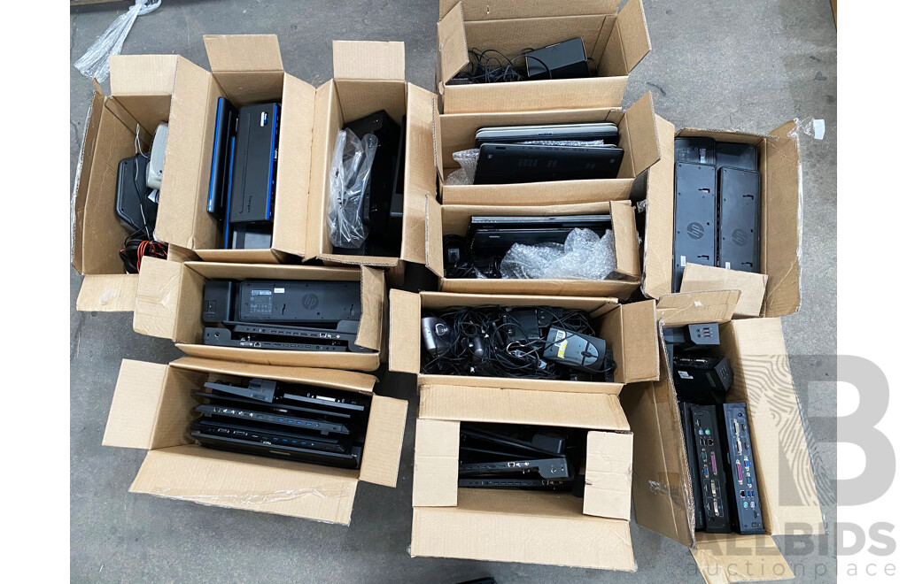 Pallet Lot of Assorted Docking Stations/Laptops/Audio Equipment (HP/Dell/Microsoft/Plantronics/Sennheiser)