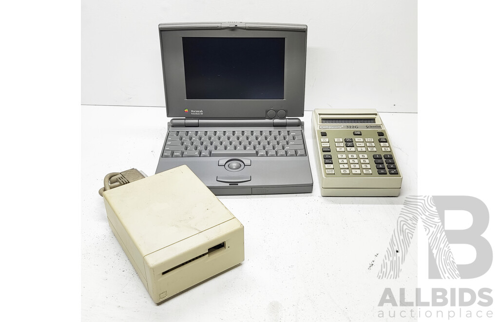 Apple (M1506) Macintosh Power Book Laptop W/ Apple (M0130) External Floppy Drive and Classic Calculator