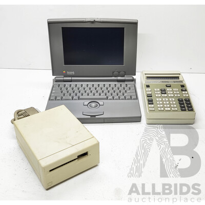 Apple (M1506) Macintosh Power Book Laptop W/ Apple (M0130) External Floppy Drive and Classic Calculator