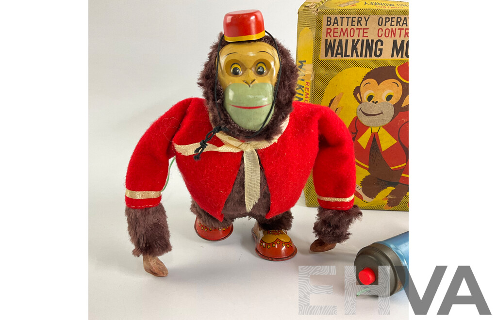 Vintage Modern Toys Battery Operated Remote Controlled Walking Monkey with Original Box, Made in Japan