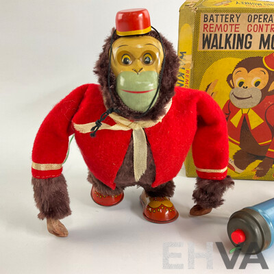 Vintage Modern Toys Battery Operated Remote Controlled Walking Monkey with Original Box, Made in Japan