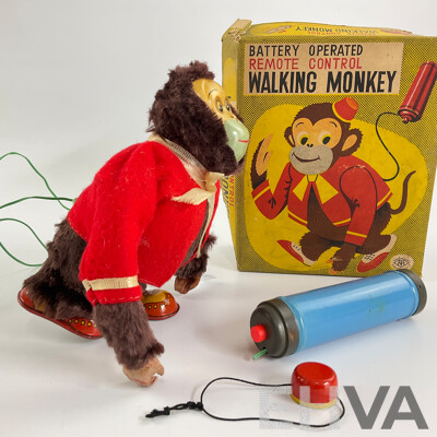 Vintage Modern Toys Battery Operated Remote Controlled Walking Monkey with Original Box, Made in Japan
