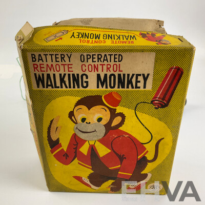 Vintage Modern Toys Battery Operated Remote Controlled Walking Monkey with Original Box, Made in Japan
