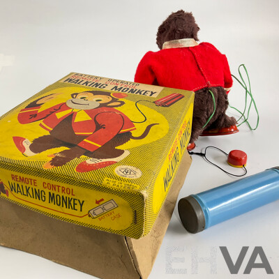 Vintage Modern Toys Battery Operated Remote Controlled Walking Monkey with Original Box, Made in Japan