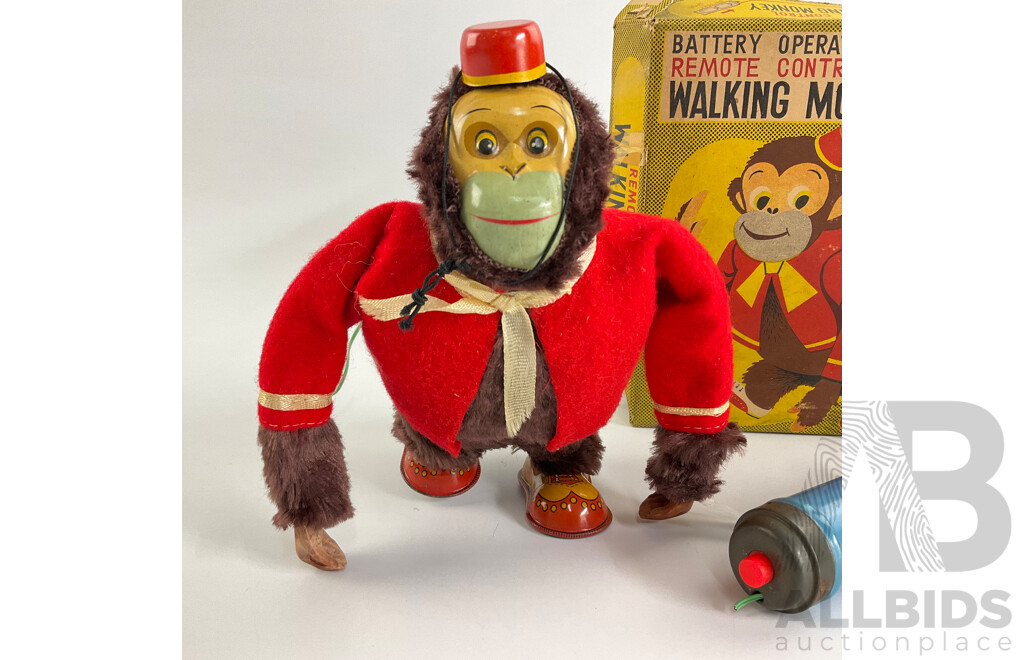 Vintage Modern Toys Battery Operated Remote Controlled Walking Monkey with Original Box, Made in Japan