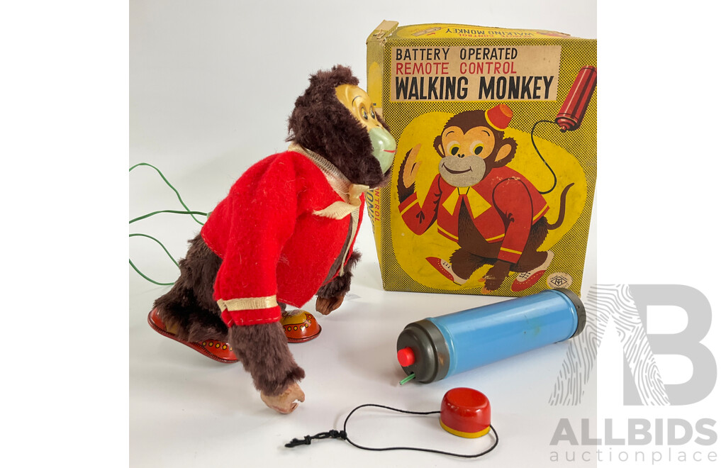 Vintage Modern Toys Battery Operated Remote Controlled Walking Monkey with Original Box, Made in Japan