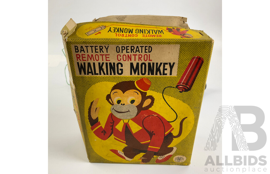 Vintage Modern Toys Battery Operated Remote Controlled Walking Monkey with Original Box, Made in Japan
