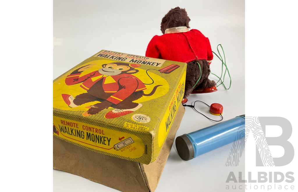 Vintage Modern Toys Battery Operated Remote Controlled Walking Monkey with Original Box, Made in Japan