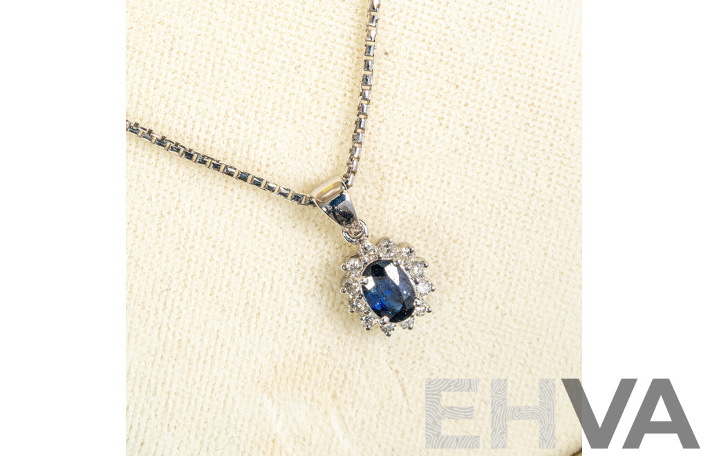 18ct White Gold Sapphire & Diamond Pendant & Chain, Est S0.62ct/TDW0.25ct 5.49 Grams