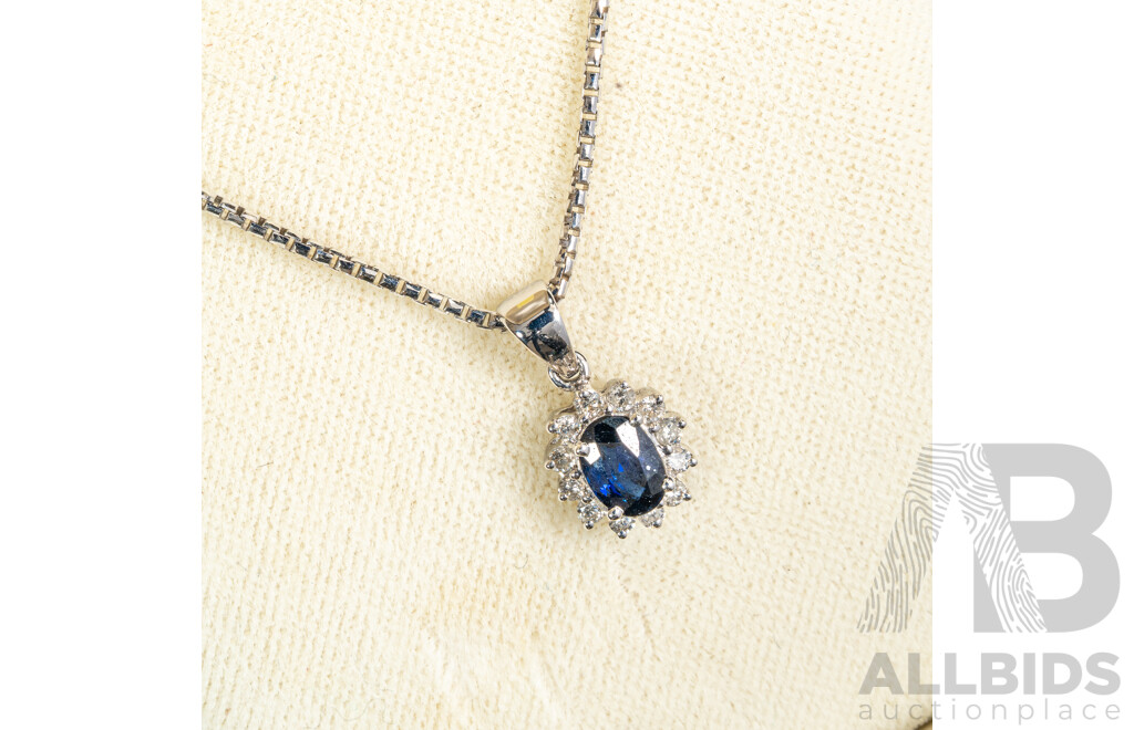 18ct White Gold Sapphire & Diamond Pendant & Chain, Est S0.62ct/TDW0.25ct 5.49 Grams