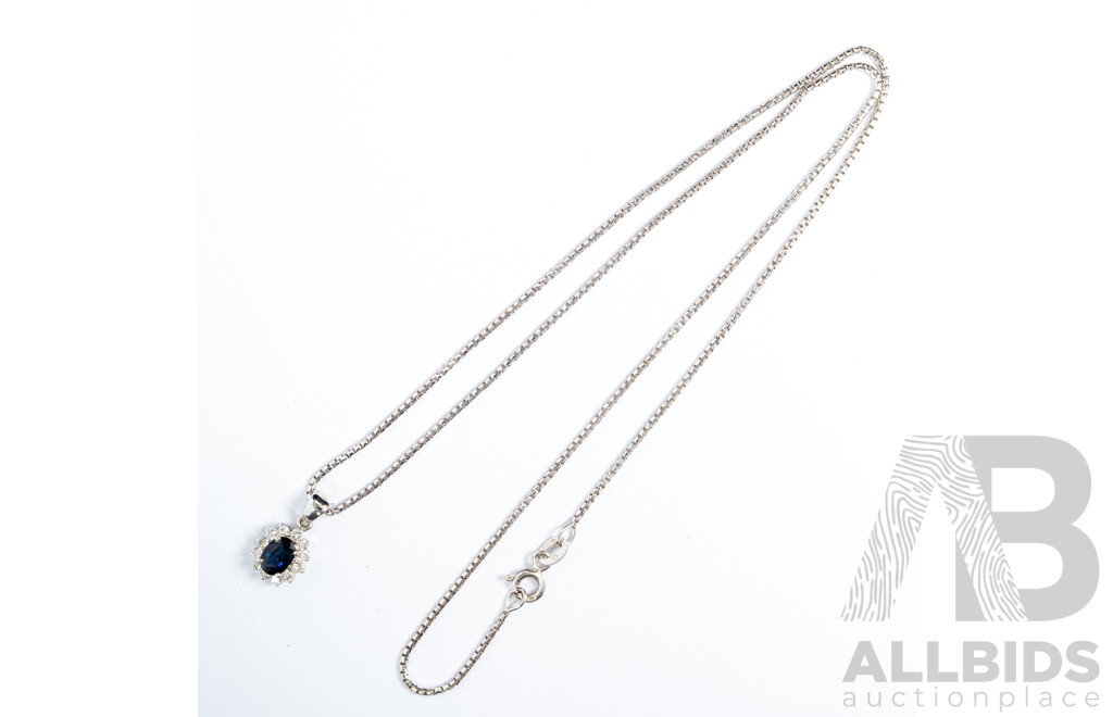 18ct White Gold Sapphire & Diamond Pendant & Chain, Est S0.62ct/TDW0.25ct 5.49 Grams