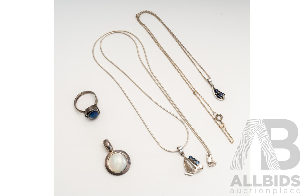 Collection of Sterling Silver Jewllery Including Sapphire Sailboat Pendant, 16.23 Grams