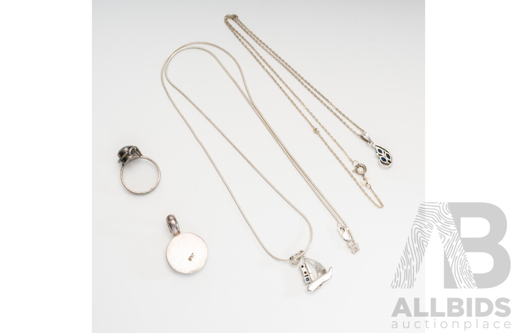 Collection of Sterling Silver Jewllery Including Sapphire Sailboat Pendant, 16.23 Grams