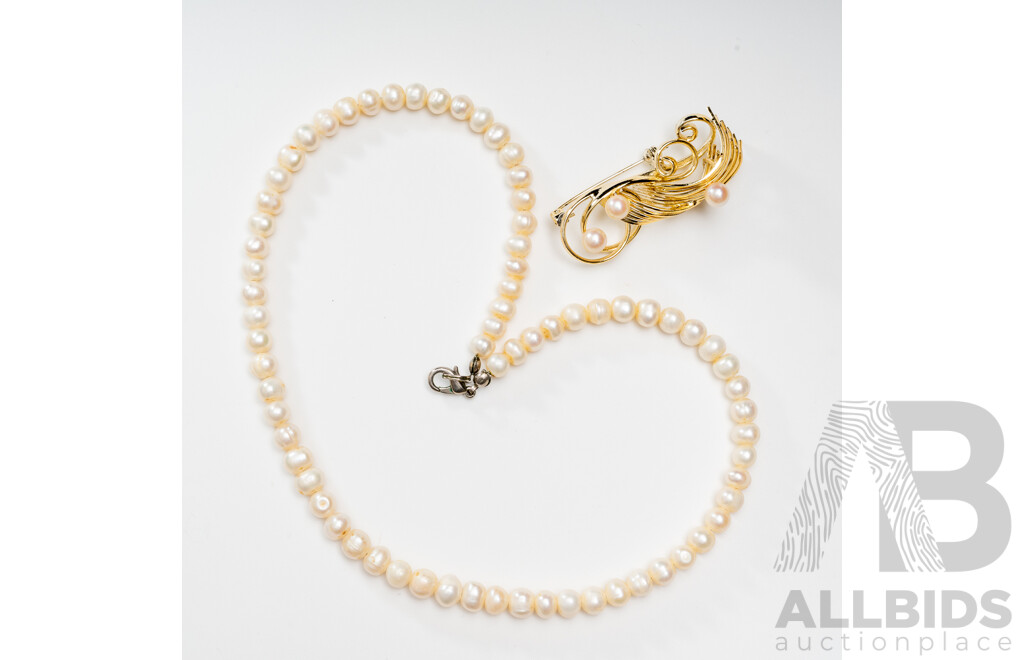 Vintage Cultured Pearl Necklace, 40cm & Gold Tone Cultured Pearl Brooch