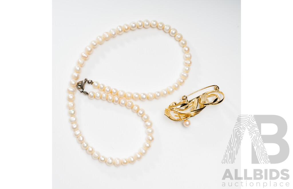 Vintage Cultured Pearl Necklace, 40cm & Gold Tone Cultured Pearl Brooch