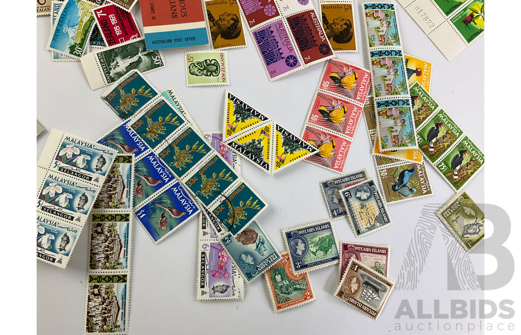 Collection of Australian Mint and Cancelled Stamps Including Predecimal, Government Railways, Stamp Duty Includes Mint Stamps From New Zealand, Pitcairn Islands Predecimal and Malaysia