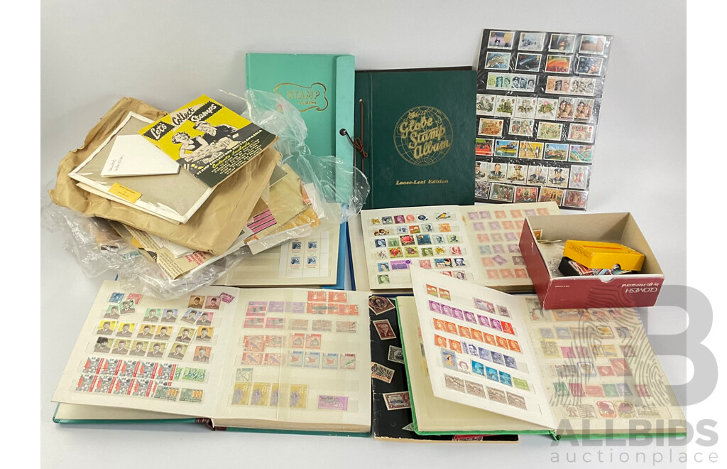 Collection of International Philately Including British Mint 1986 Mint Stamp Collectors Pack, All Nations Stamp Album, The Globe Stamp Album, USA, Indonesia, Netherland, Australia, Mongolia, UK and More