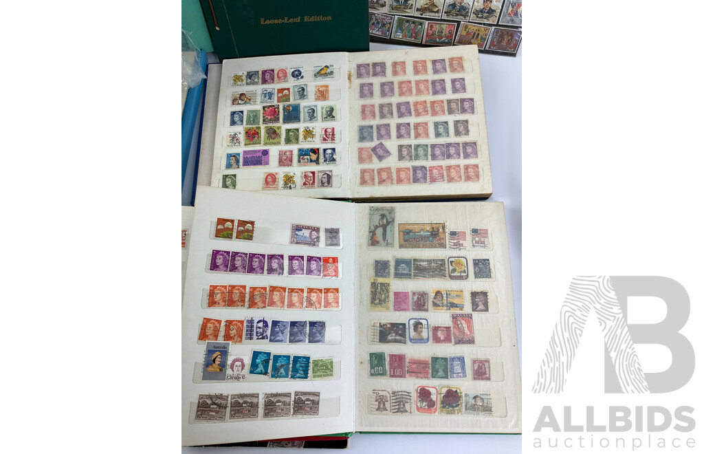Collection of International Philately Including British Mint 1986 Mint Stamp Collectors Pack, All Nations Stamp Album, The Globe Stamp Album, USA, Indonesia, Netherland, Australia, Mongolia, UK and More
