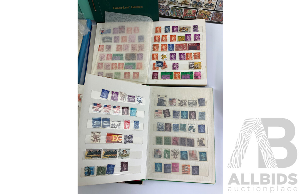 Collection of International Philately Including British Mint 1986 Mint Stamp Collectors Pack, All Nations Stamp Album, The Globe Stamp Album, USA, Indonesia, Netherland, Australia, Mongolia, UK and More