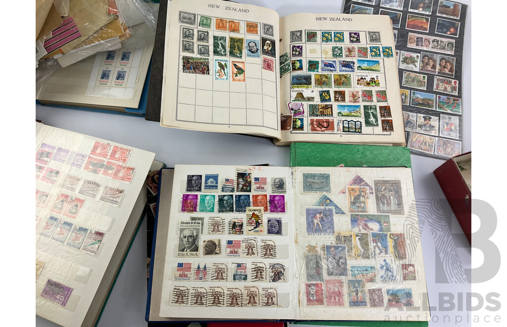Collection of International Philately Including British Mint 1986 Mint Stamp Collectors Pack, All Nations Stamp Album, The Globe Stamp Album, USA, Indonesia, Netherland, Australia, Mongolia, UK and More