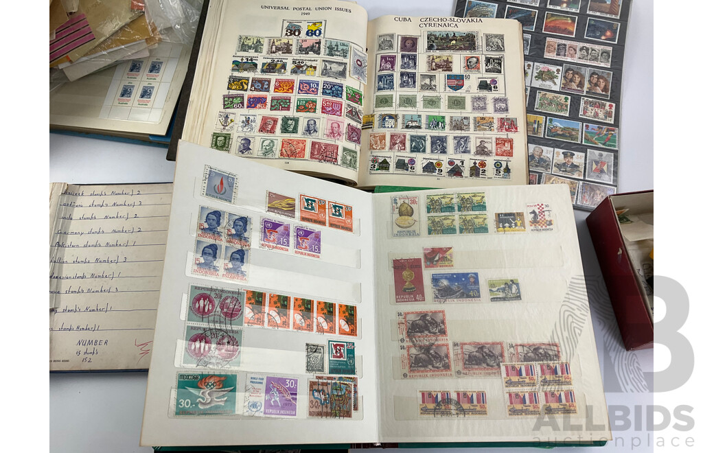 Collection of International Philately Including British Mint 1986 Mint Stamp Collectors Pack, All Nations Stamp Album, The Globe Stamp Album, USA, Indonesia, Netherland, Australia, Mongolia, UK and More