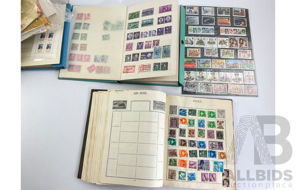 Collection of International Philately Including British Mint 1986 Mint Stamp Collectors Pack, All Nations Stamp Album, The Globe Stamp Album, USA, Indonesia, Netherland, Australia, Mongolia, UK and More