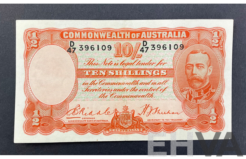 Australian 1936 Ten Shillings Note, Riddle/Sheehan R11, D 47 396109, High Grade