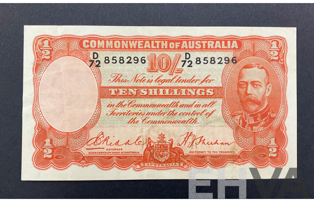 Australian 1936 Ten Shilling Note, Riddle/Sheehan R11, D72 858296, High Grade