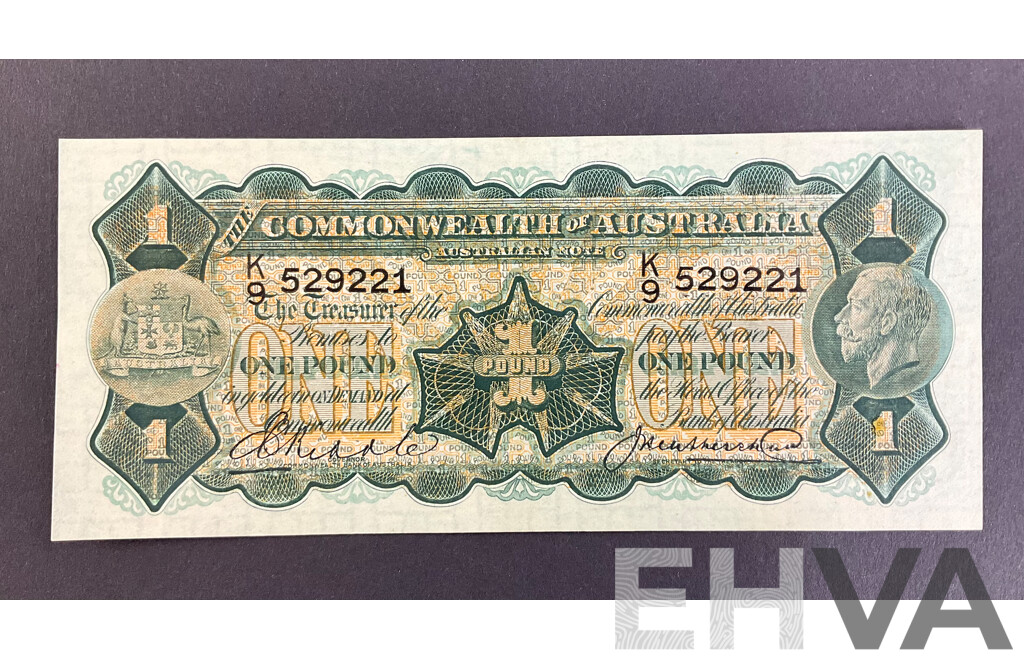 Australian 1927 One Pound Note Riddle/Heathershaw R26, K9 529221, High Grade