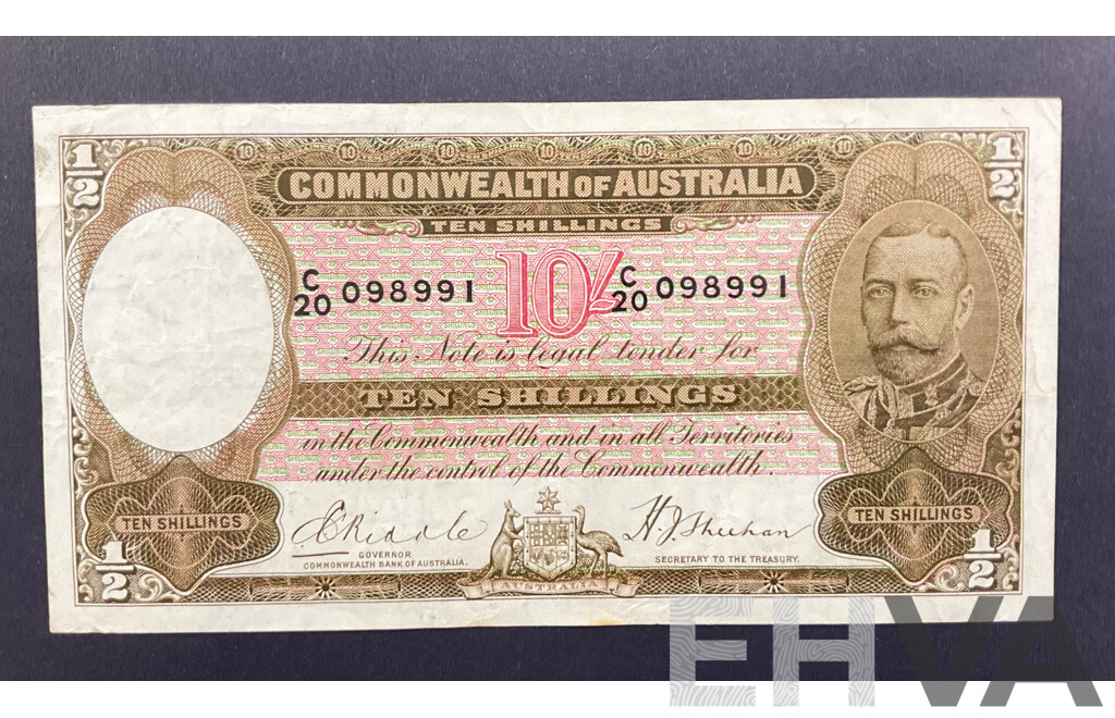 Australian 1933 Ten Shilling Note Riddle/Sheehan, R09L Last Prefix C20 098991