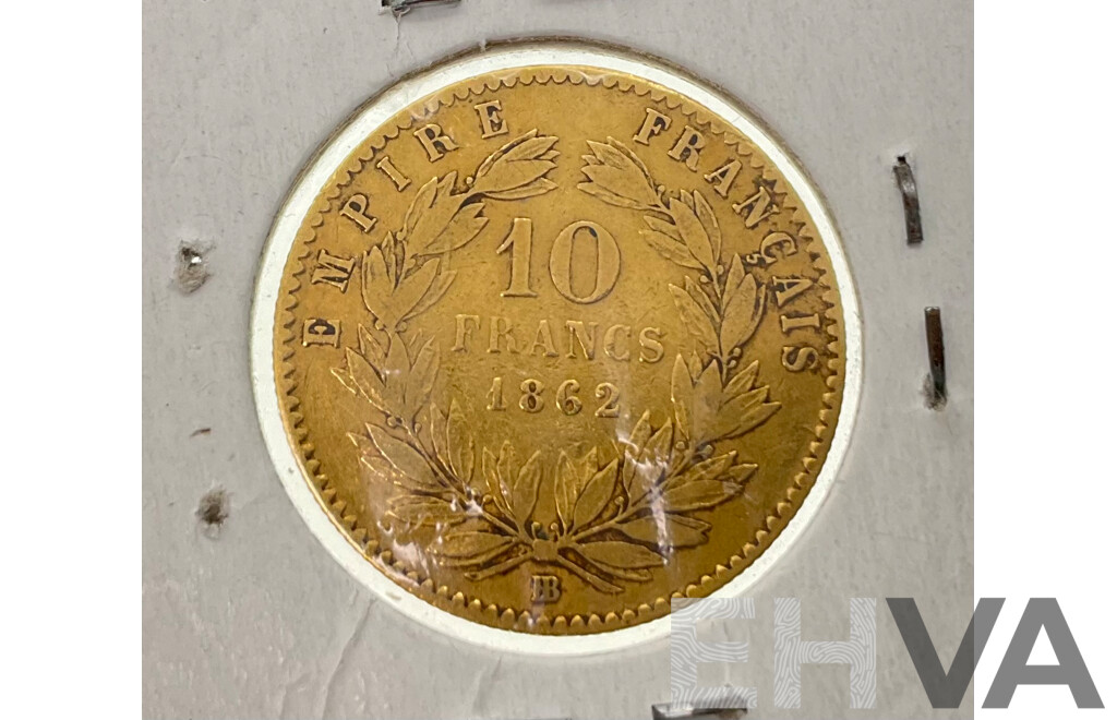France 1862 Gold Ten Francs Coin, Napoleon III, Strasbourg Mint .900