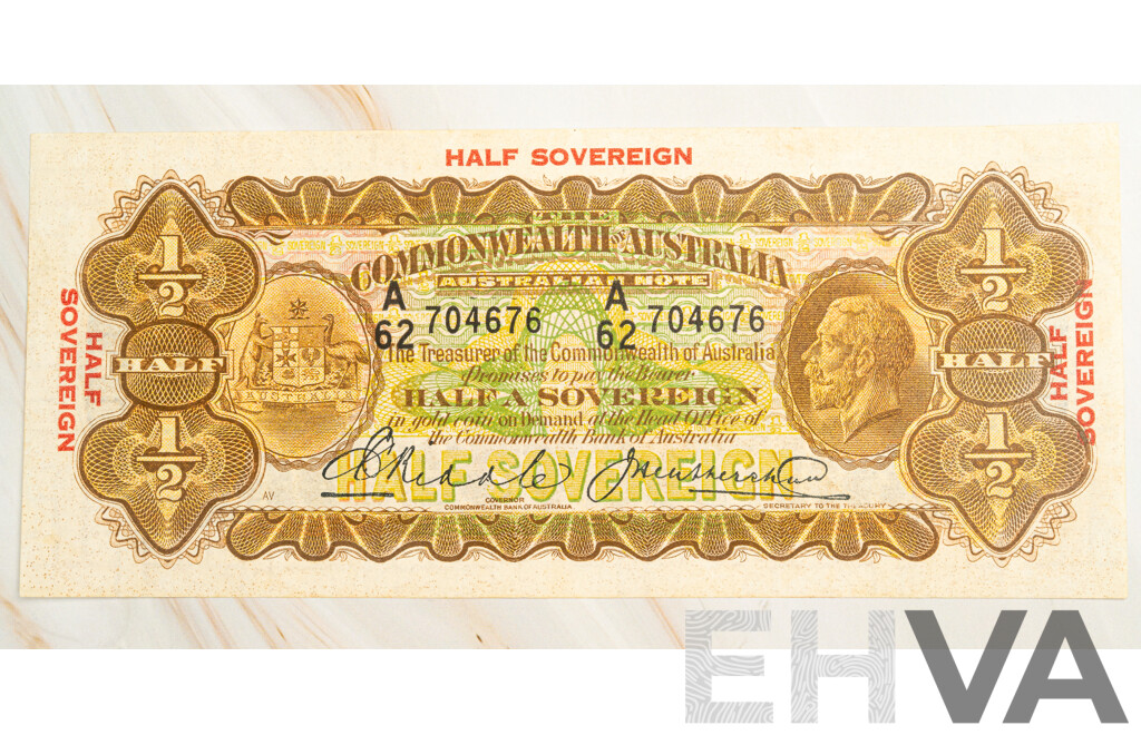 Australian 1928 Half Sovereign Note, Riddle/Heathershaw R07, A62 704676, High Grade