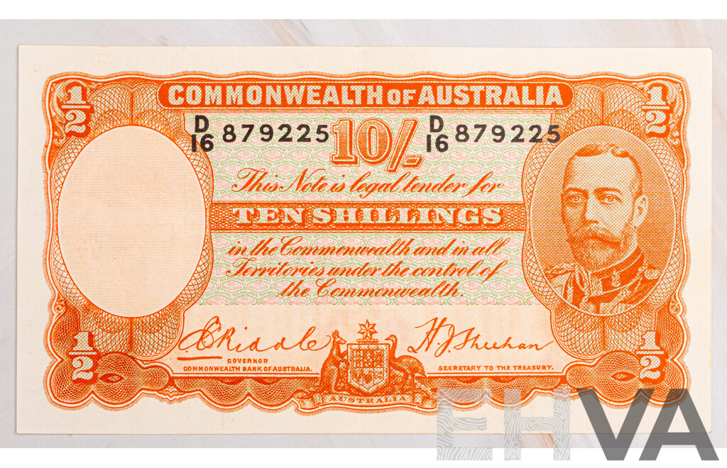 Australian 1936 Ten Shilling Note, Riddle/Sheehan R11,D16 879225, High Grade
