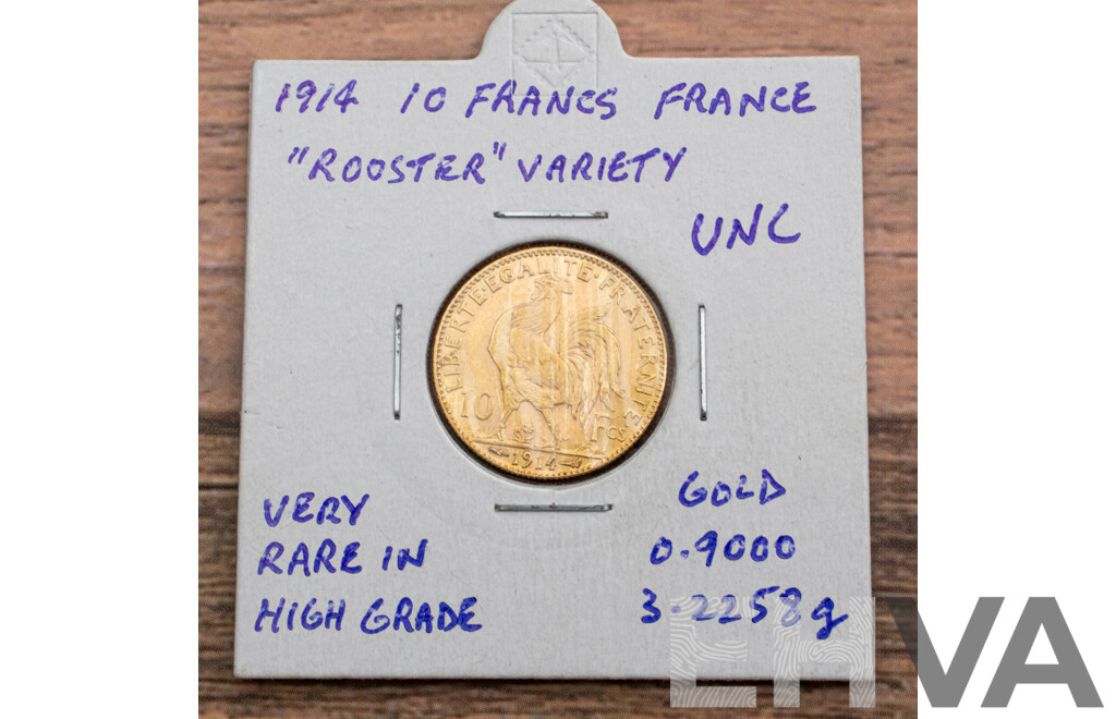 France 1914 UNC Gold Ten Francs Coin, Paris Mint Rooster Variety