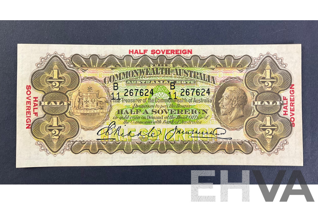 Rare Australian 1928 Half Soveriegn Note, Riddle/Heathershaw R07, B11 267624, Very High Grade