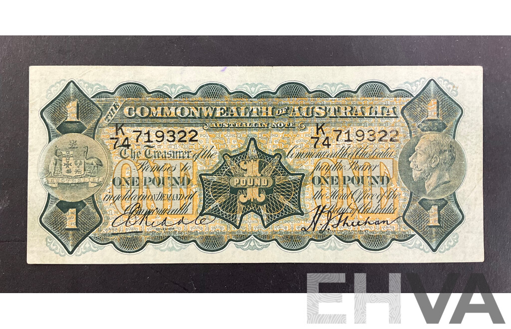 Australian 1932 One Pound Note, Riddle/Sheehan R27, K74 719322, High Grade