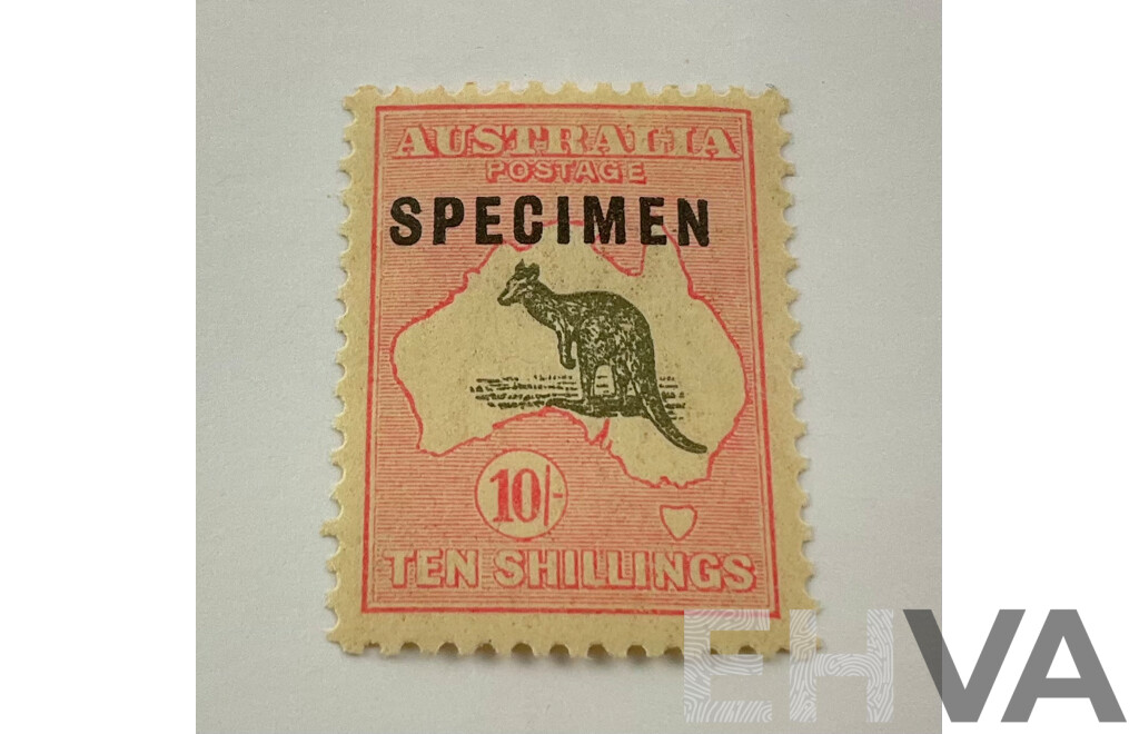 Australian 1914/15 Ten Shillings Kangaroo on Map Specimen Stamp, 'C of A' Water Mark