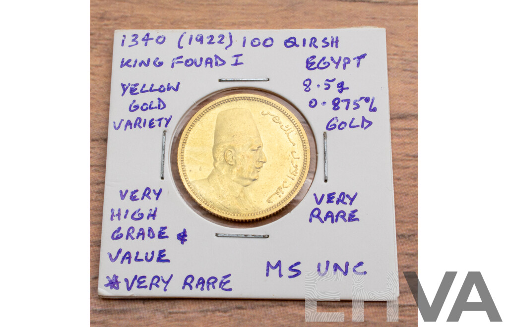 Egypt 1922 UNC Gold One Hundred Qirsh Coin, King Fouad I