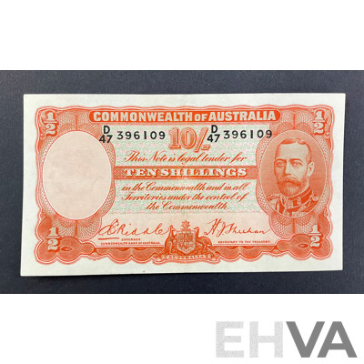 Australian 1936 Ten Shillings Note, Riddle/Sheehan R11, D 47 396109, High Grade